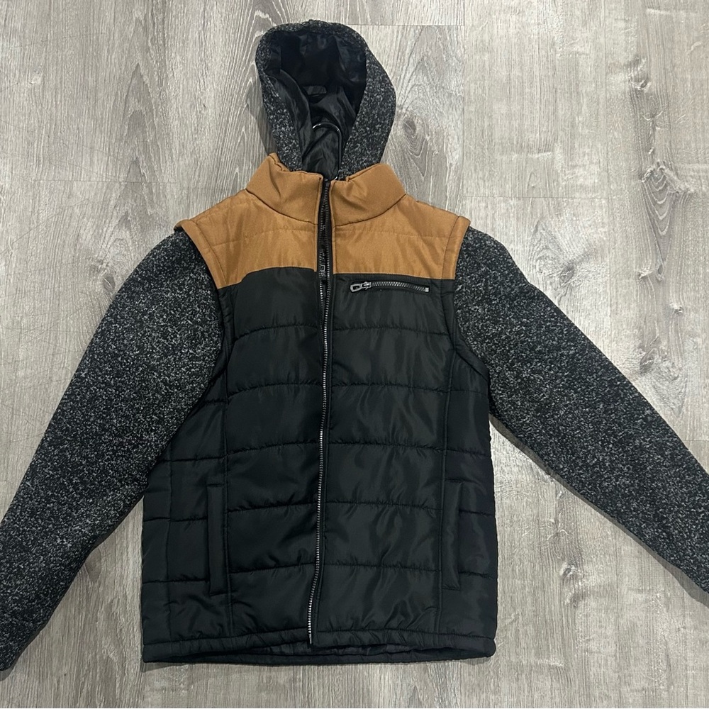 Men's Black and Brown Hooded Jacket